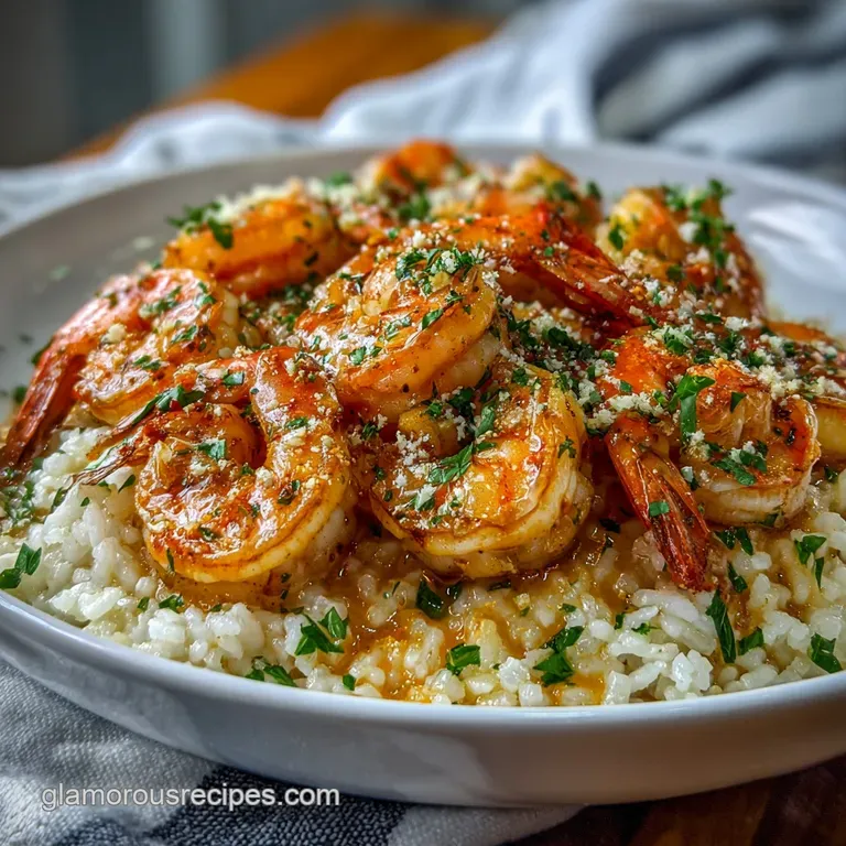 Elegant plate featuring succulent garlic shrimp drizzled with glistening sauce, served over rice; vibrant green garnish ad...