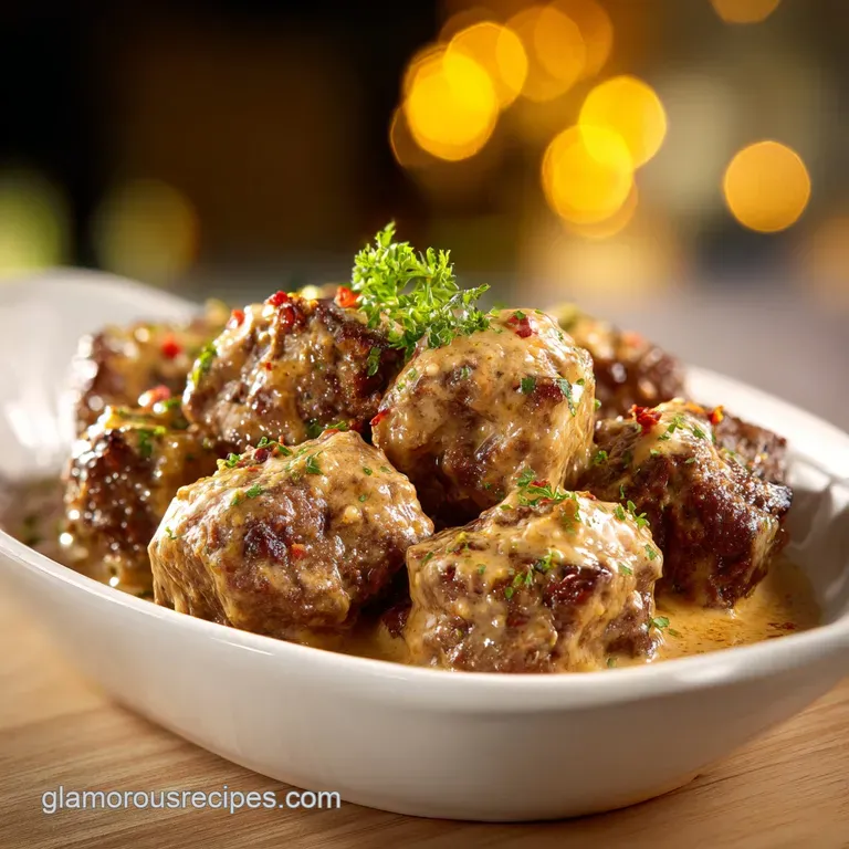 Saut&eacute;ed beef cubes coated in a glossy cream sauce, plated on a ceramic dish with a sprinkle of fresh herbs.