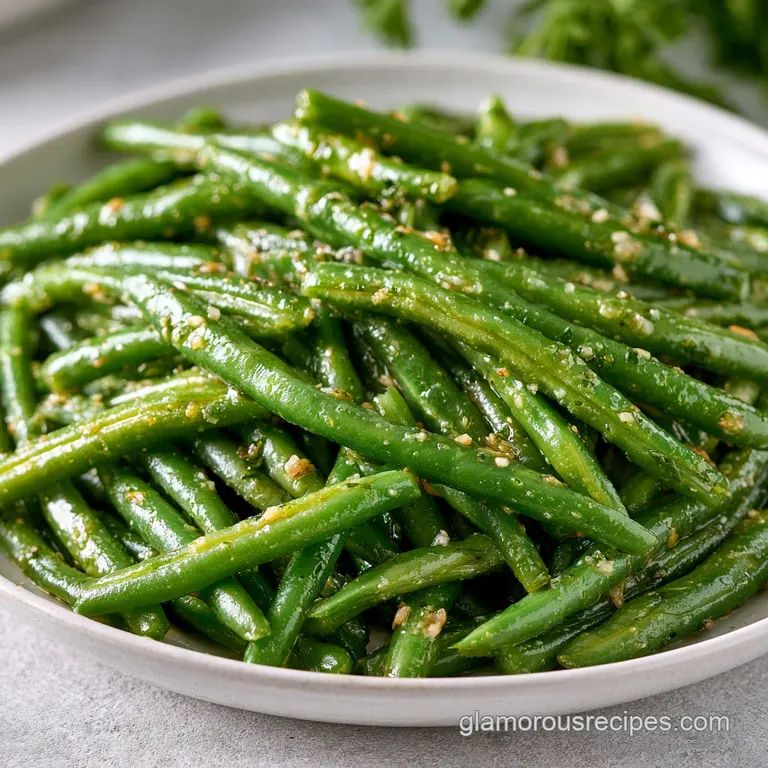 Bright green beans draped in a silky white sauce on a matte black plate, garnished with a fresh parsley sprig.