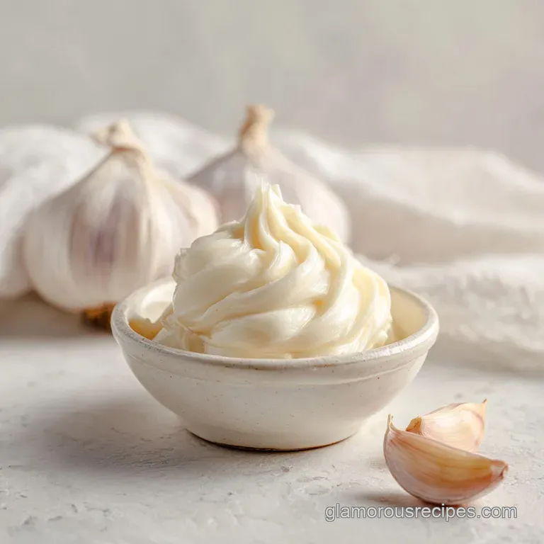 A small glass ramekin of pale ivory sauce beside crisp golden fries and a sprig of green parsley on a slate board.