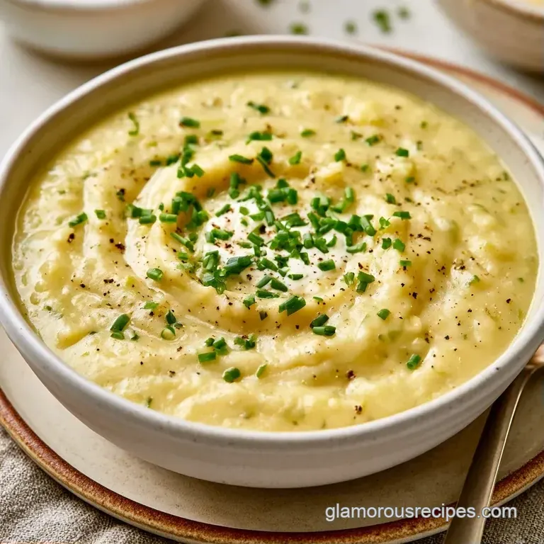 Pale ivory soup in a shallow matte bowl set on a rustic wooden tray with a side of toasted sourdough bread.