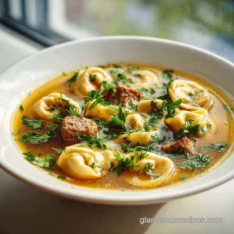 Rustic ceramic bowl of rich creamy soup topped with a dusting of parmesan and a fresh sprig of green parsley.