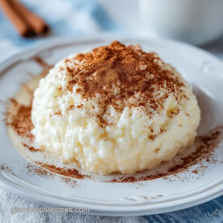 An elegant glass ramekin filled with ivory-colored rice pudding, a cinnamon stick, and a sprig of fresh green mint.