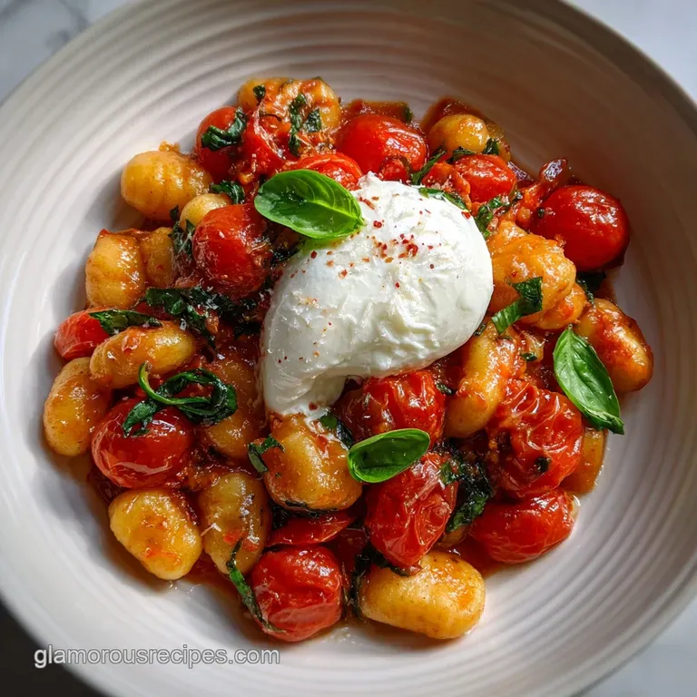 Creamy tomato gnocchi served in a white bowl, garnished with fresh basil and parmesan. Steam suggests a warm, comforting d...