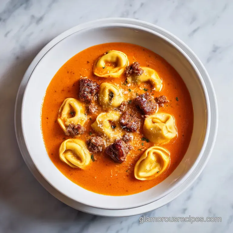 Vibrant orange-red soup in a white porcelain bowl topped with melted parmesan and a sprinkle of fresh parsley.