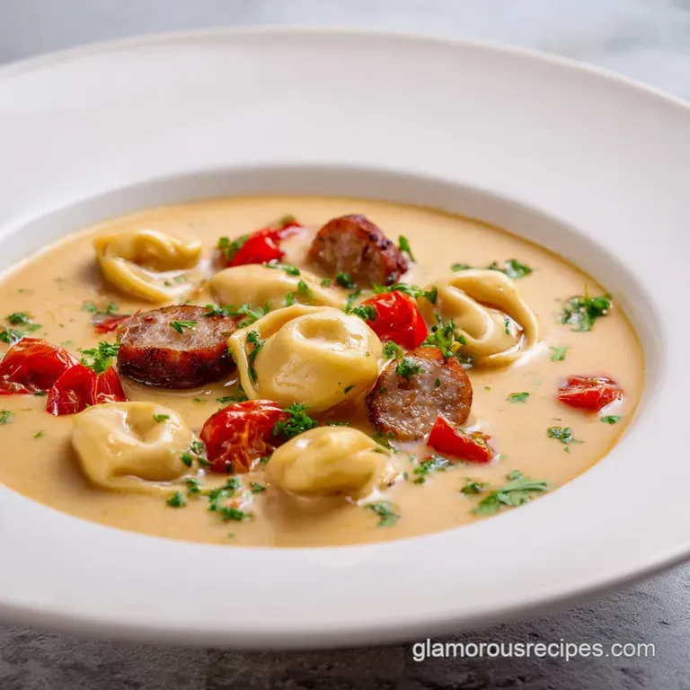 Elegant white bowl filled with ivory soup, topped with melted parmesan cheese and a pinch of cracked black pepper.
