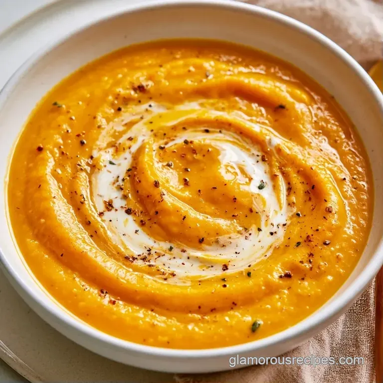 Elegant white bowl of smooth orange puree topped with a swirl of cream, microgreens, and a side of toasted bread.