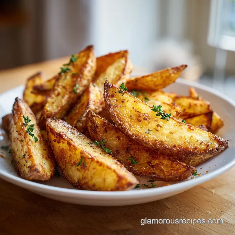 Perfectly browned potato wedges arranged artfully on a white plate, sprinkled with fresh herbs.