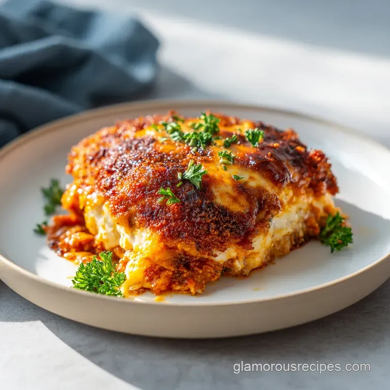 Chicken parmesan on a white plate, vibrant marinara glistening, topped with herbs. A classic dish, beautifully presented a...