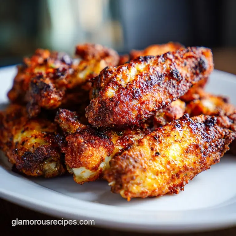 Perfectly arranged baked wings on a white plate, garnished with herbs and a wedge of lemon, showcasing golden-brown perfec...