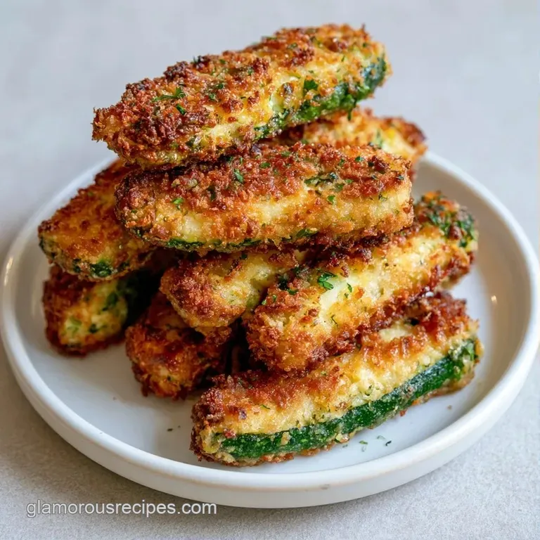 Neatly stacked golden zucchini rounds on a white ceramic plate, garnished with a sprinkle of herbs and lemon wedges.