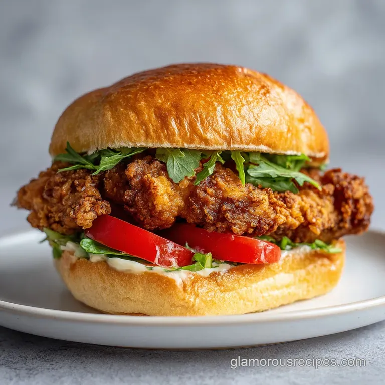 Golden fried fillet on a buttery bun, served beside salted fries and a small ramekin of creamy dipping sauce.