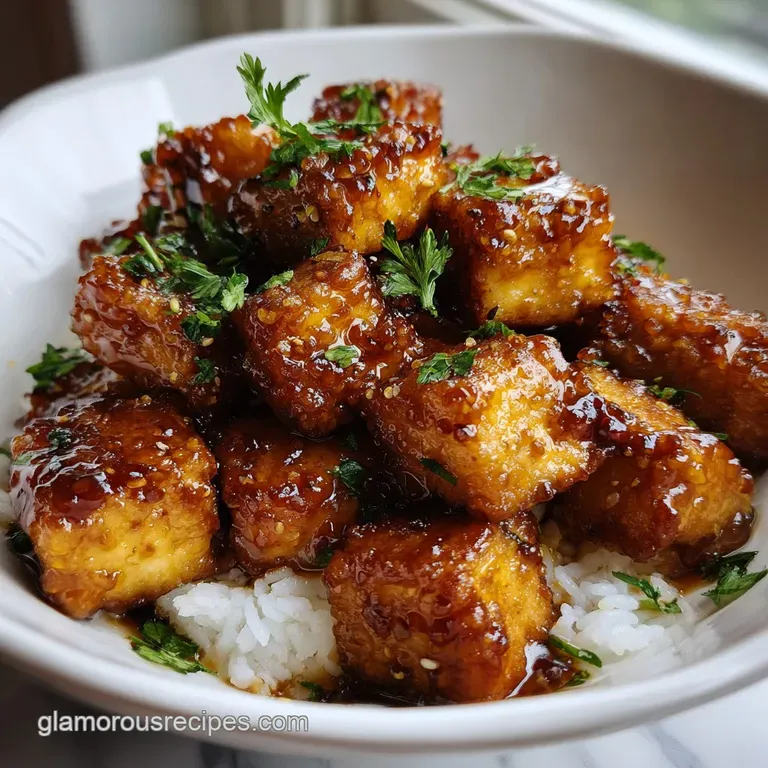 Glossy, perfectly cubed tofu drizzled with a rich amber sauce, plated elegantly with vibrant green scallions and fluffy rice.