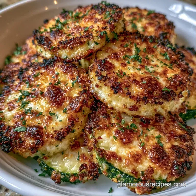Elegant stack of breaded zucchini slices garnished with fresh parsley and a side of zesty lemon-garlic aioli.