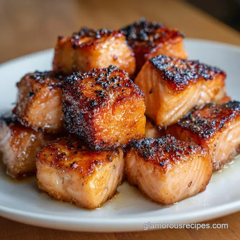Seared pink salmon cubes arranged neatly with a side of creamy dipping sauce and fresh parsley sprigs.