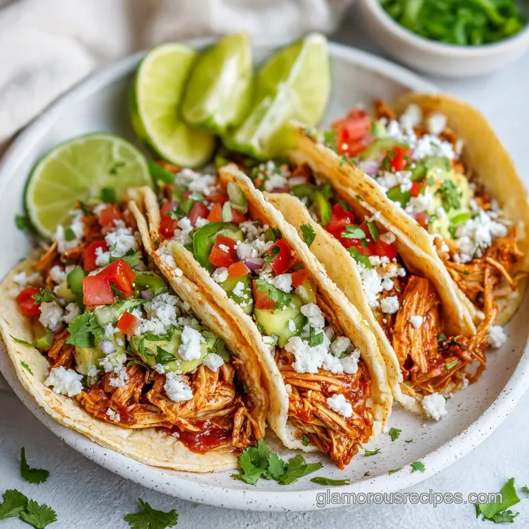 A bright chicken taco with fresh cilantro & lime wedge; soft tortilla, juicy chicken, and crisp vegetable.