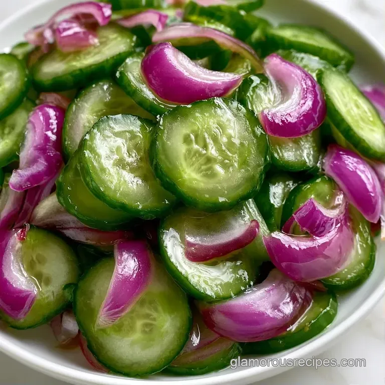 Vibrant green cucumber rounds and sliced purple onions arranged neatly in a white ceramic bowl with fresh dill.