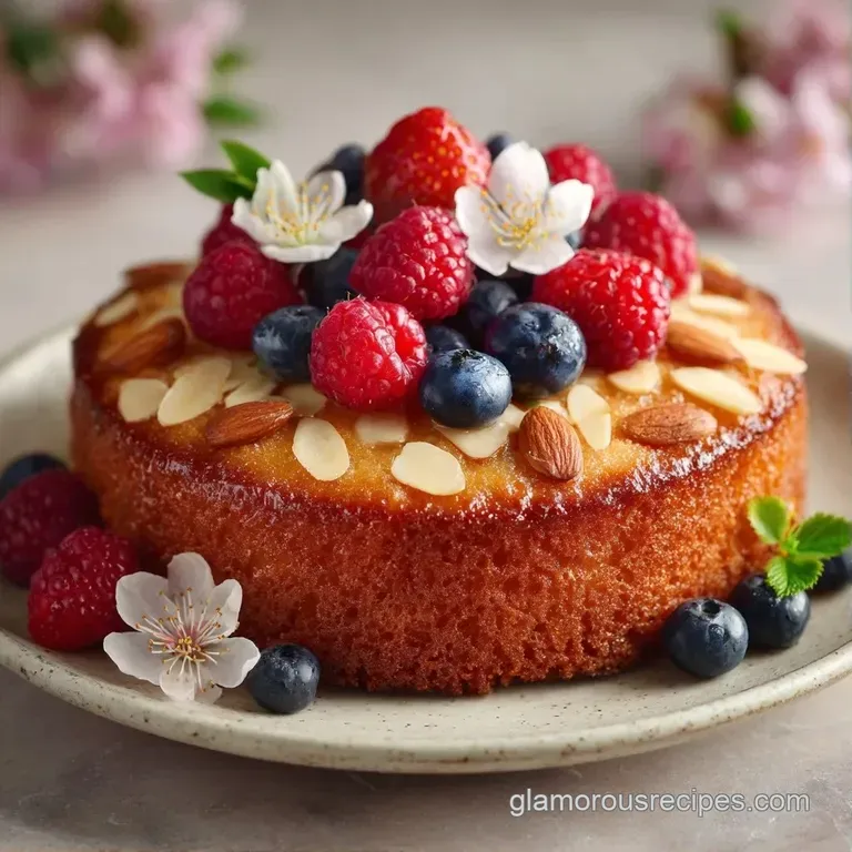 A slice of pale gold sponge cake on a white ceramic plate, garnished with fresh mint and edible flower blossoms.