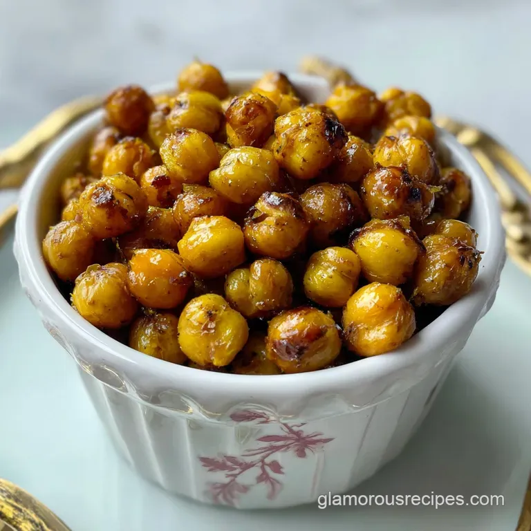 Roasted chickpeas artfully arranged in a small bowl, spices visible. Warm, inviting light highlights their crispy texture.