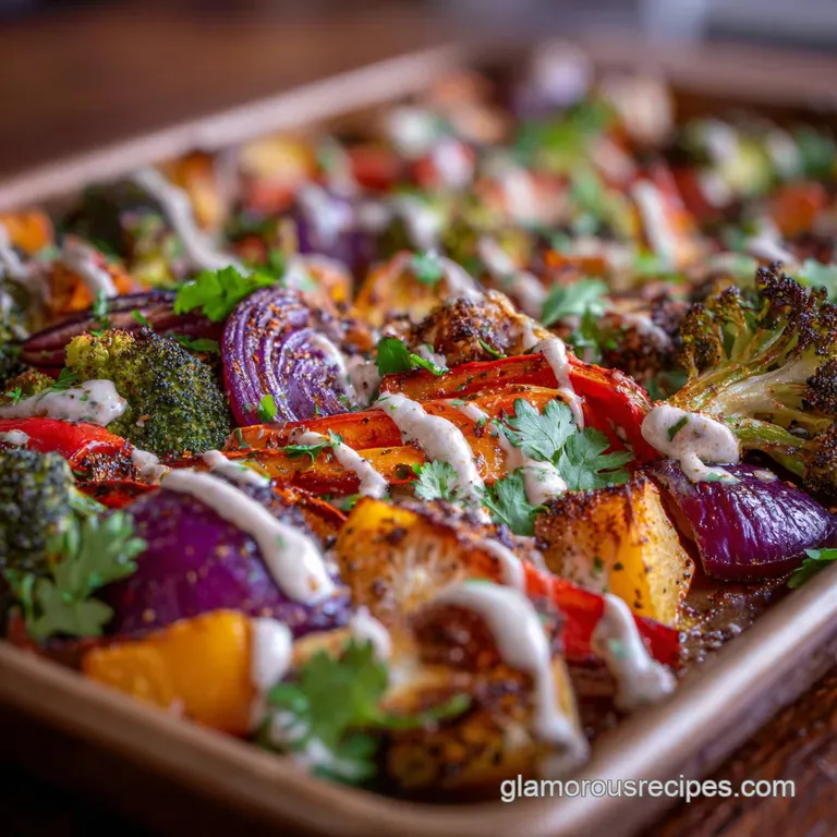 A bright medley of roasted veggies piled high on a white plate, steam rising, hinting at savory aromas and a warm, satisfy...