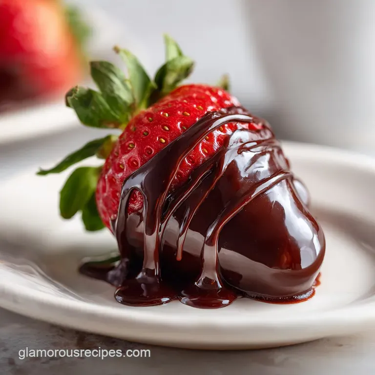 Elegant arrangement of dark chocolate strawberries on a white plate, showcasing the deep color and smooth chocolate coatin...