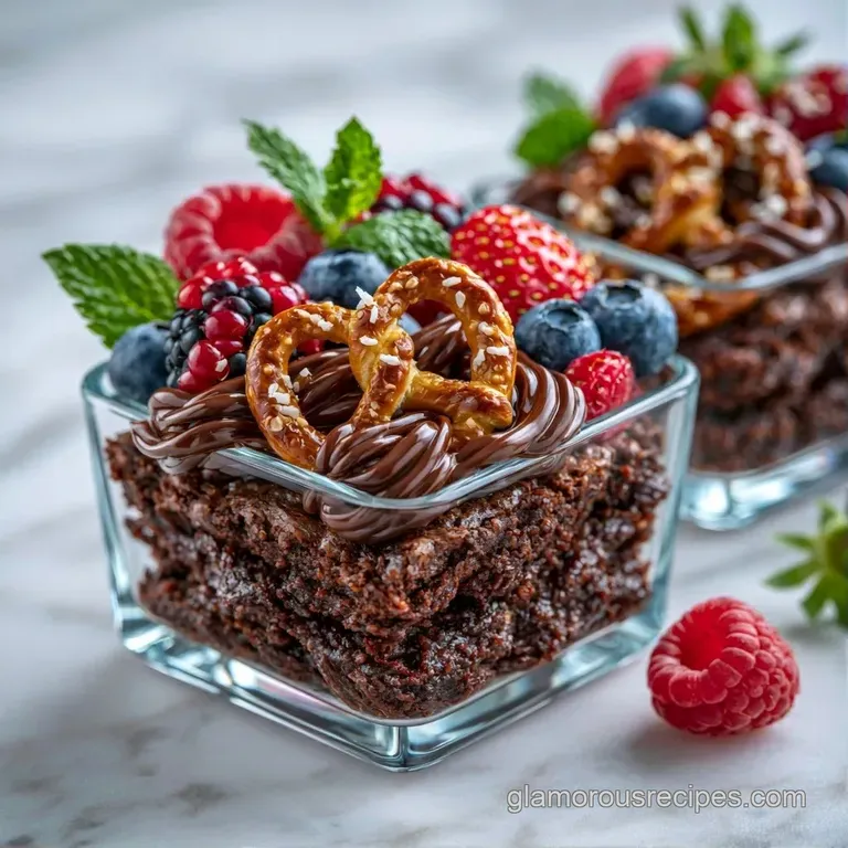 An array of clear miniature cups brimming with vibrant fruit, pretzels, and sweets on a clean white platter.