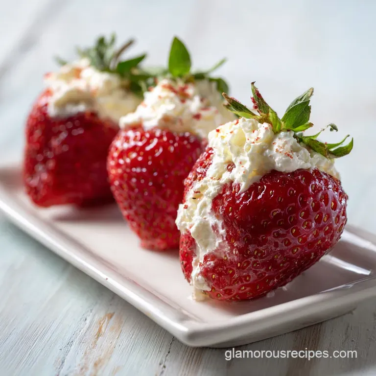Arranged on a white plate, halved strawberries reveal creamy cheesecake centers, topped with a mint leaf.