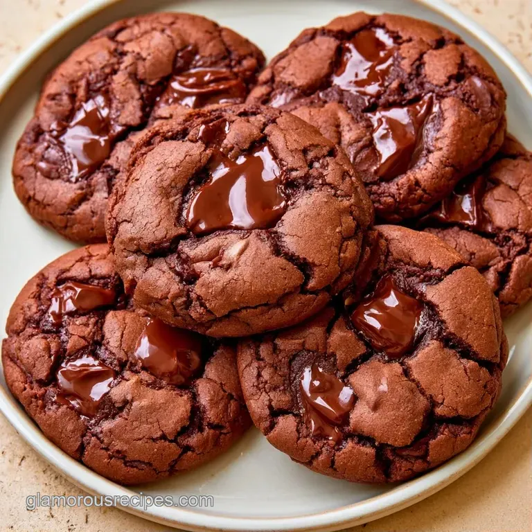 A stack of dark cocoa cookies on a white platter, dusted with powdered sugar and paired with a glass of cold milk.