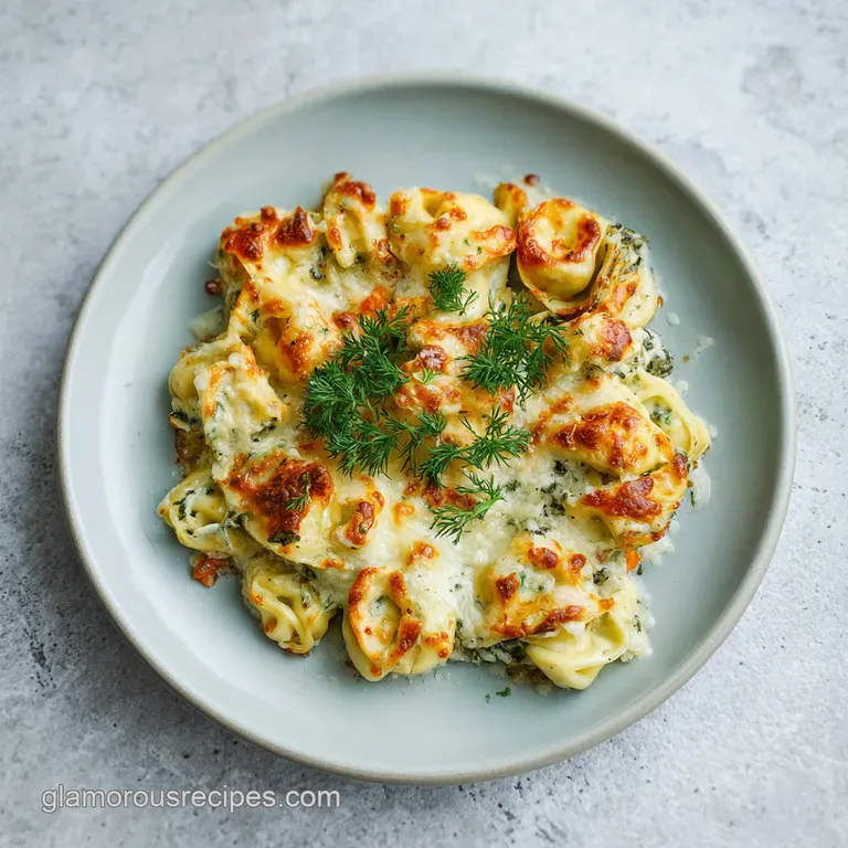 A golden-crusted scoop of cheesy tortellini casserole on a white plate, garnished with herbs.