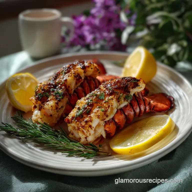 Two perfectly broiled lobster tails arranged on a white plate, garnished with fresh parsley. The tender, white meat is vis...