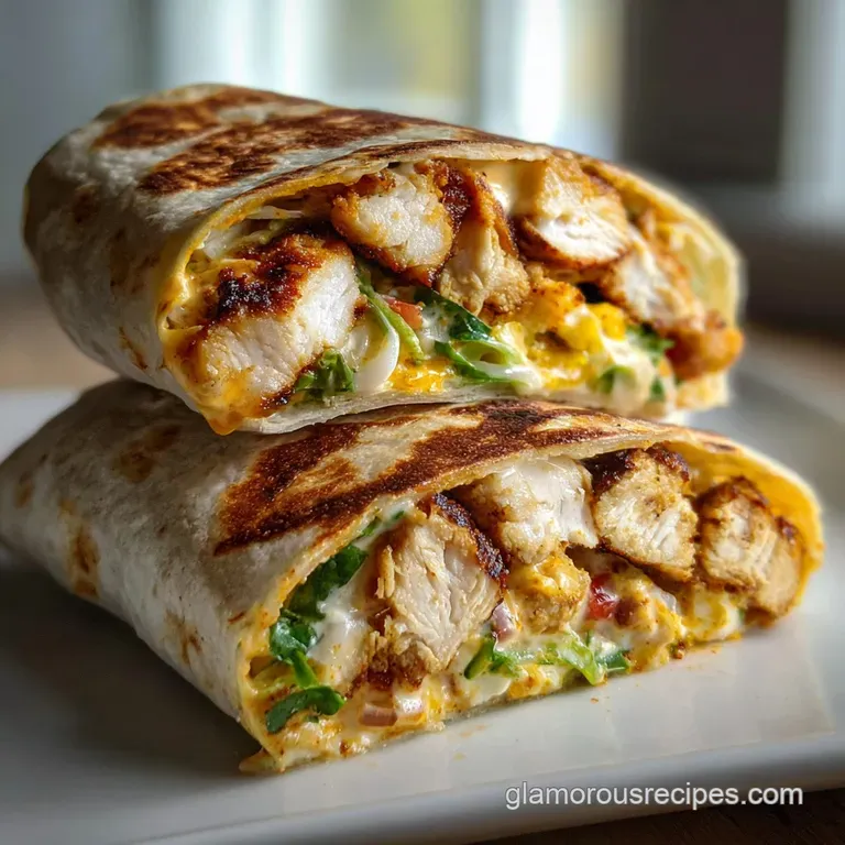 Plated burrito, cut open revealing juicy chicken, creamy ranch, & a medley of colorful fillings, with a side of fresh greens.