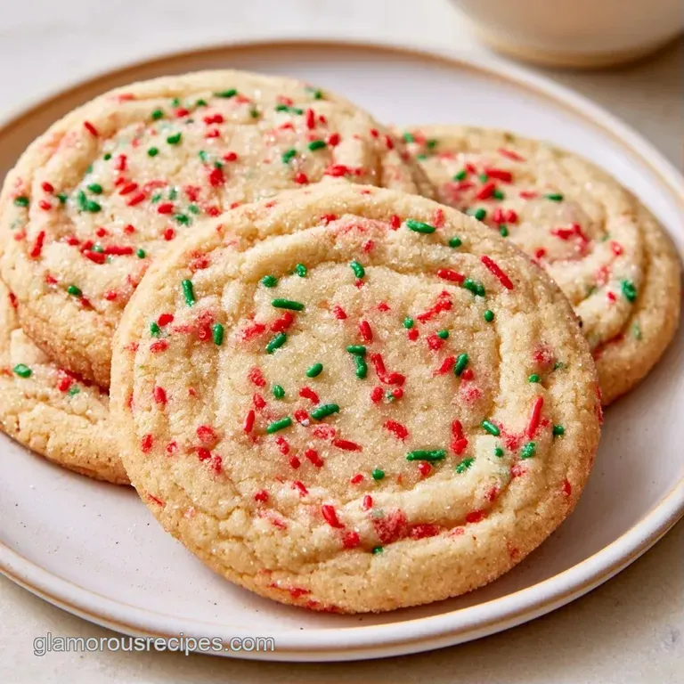 A neat stack of buttery sugar cookies with colorful sprinkles on a white porcelain platter with a red satin ribbon.