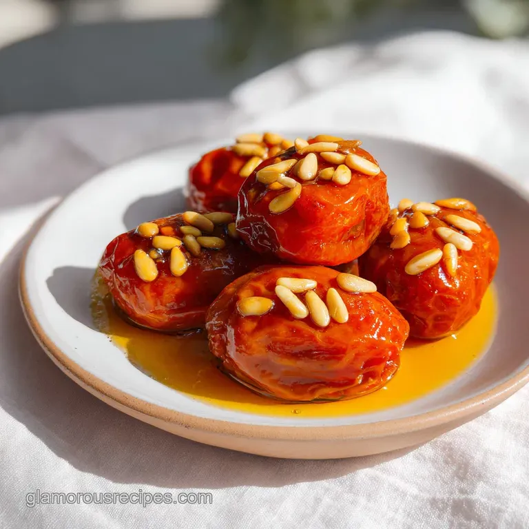 Glossy, translucent golden fruit slices drizzled with shimmering honey on a minimalist matte black plate.