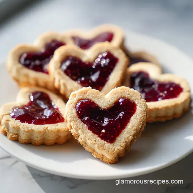 Delicate heart cookies arranged on a white plate. Soft pink hues and decorative frosting create a sweet, inviting display.