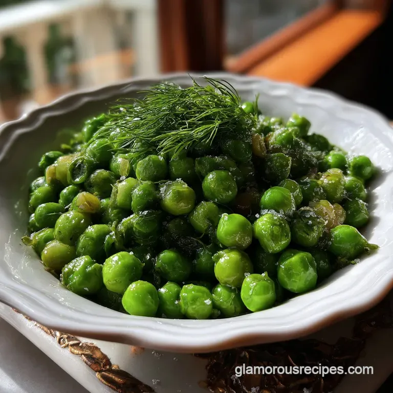 Vibrant green pea salad artfully arranged on a white plate. Creamy dressing coats the tender peas, with pops of red and ye...