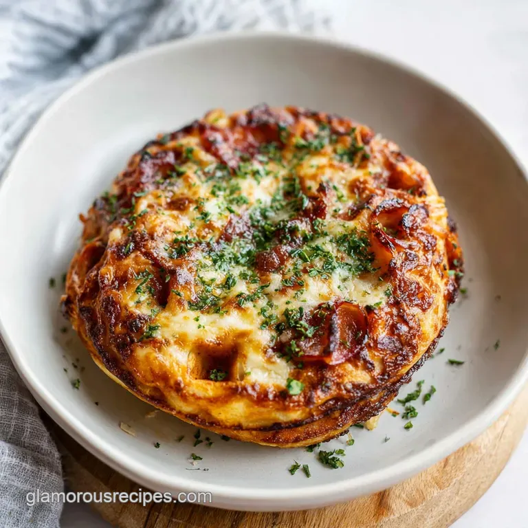 A slice of keto pizza chaffle with bubbling cheese and a scattering of fresh green herbs.