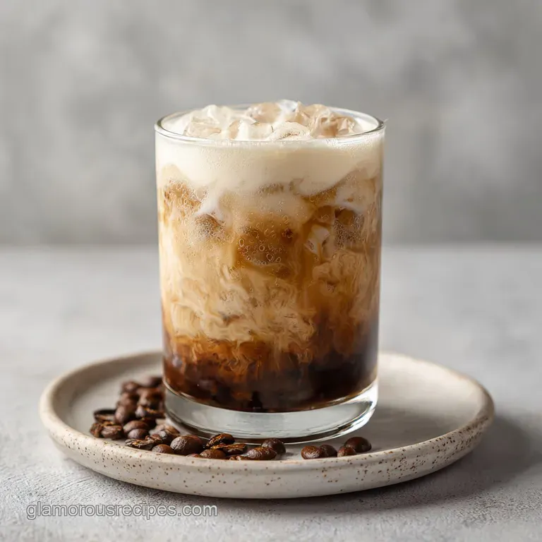 Elegant tall glass of iced coffee, topped with whipped cream and a drizzle of caramel.