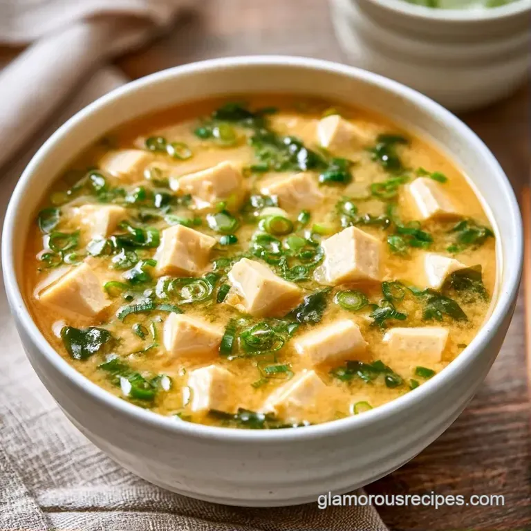 Minimalist black ceramic bowl filled with savory golden broth, topped with fresh scallions and silky tofu squares.