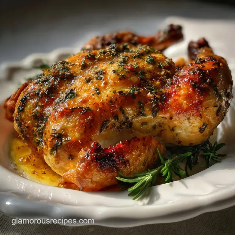 Elegant plating of bright dish, garnished with fresh herbs. The colors are striking against the stark white of the plate; ...