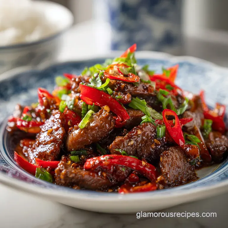Juicy beef and vibrant bell peppers artfully arranged over fluffy white rice, a tempting close-up.