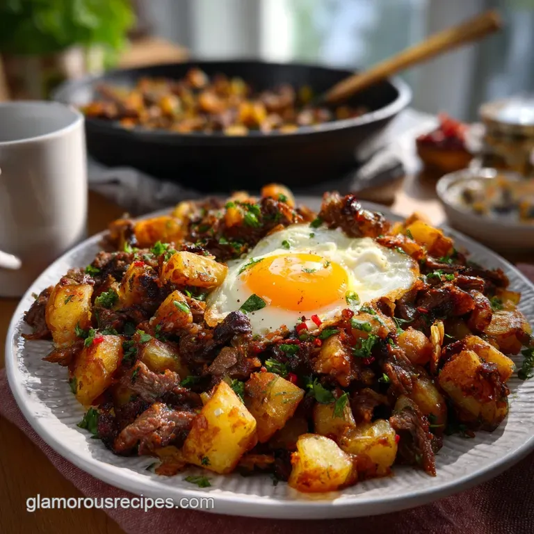 Elegant plate of perfectly crisped hash, garnished with fresh chives, a delicate poached egg, and a drizzle of rich, savor...