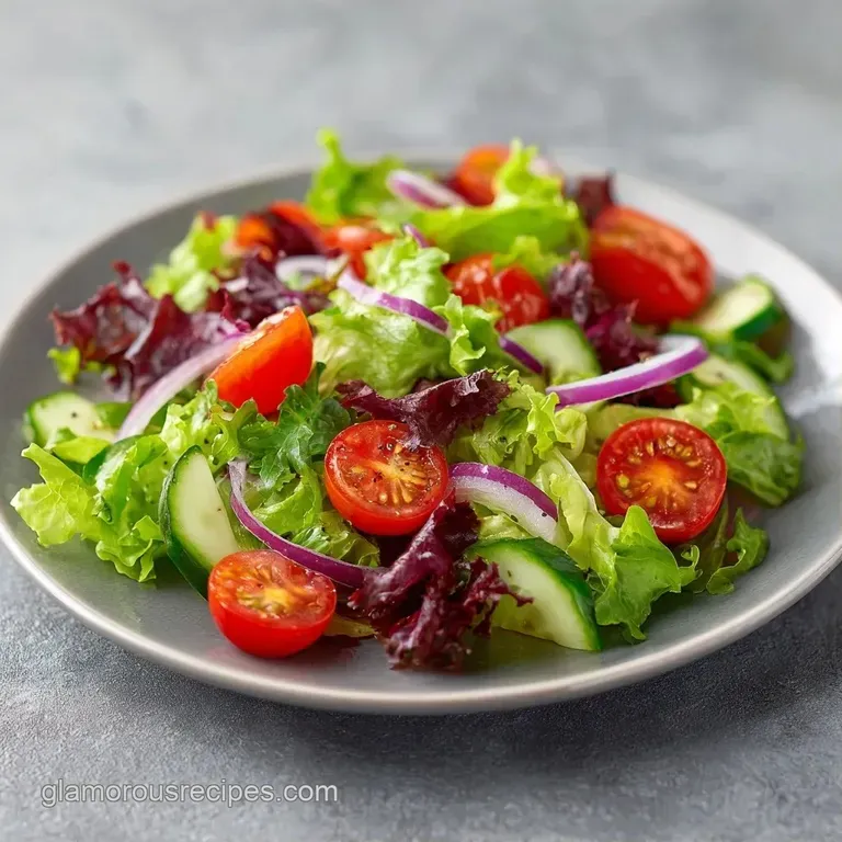Vibrant greens and sliced radishes artfully arranged on a white ceramic plate with a drizzle of golden vinaigrette.