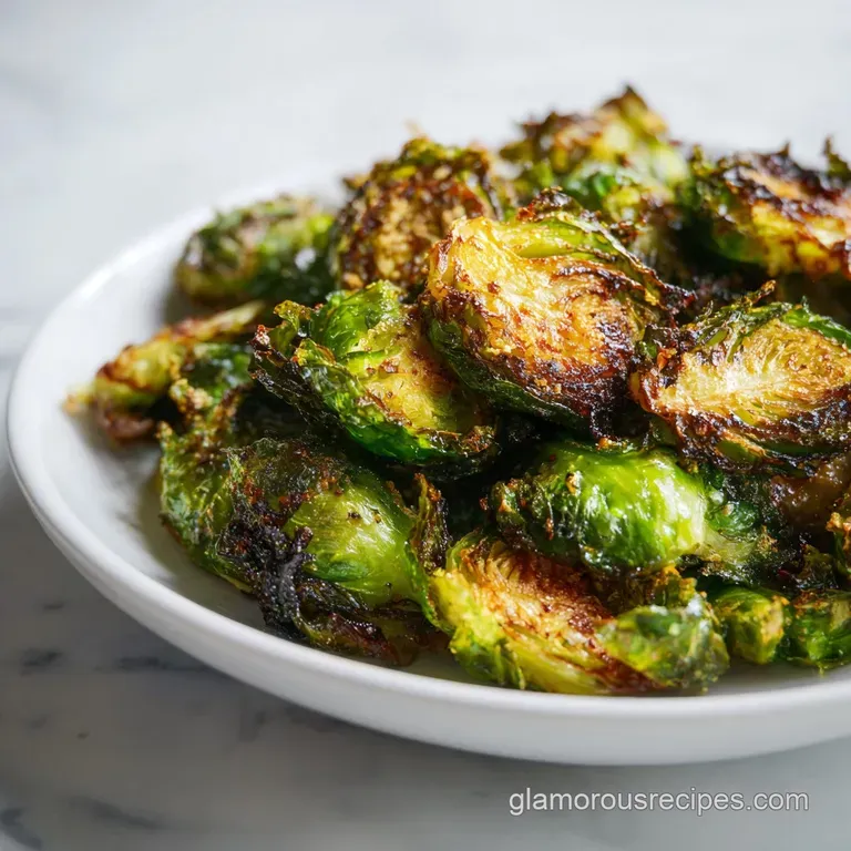 A generous portion of tender, slightly charred Brussels sprouts artfully arranged on a rustic ceramic plate, garnished wit...