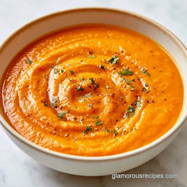 Vibrant orange puree in a white bowl garnished with toasted seeds, a drizzle of oil, and a sprig of fresh thyme.
