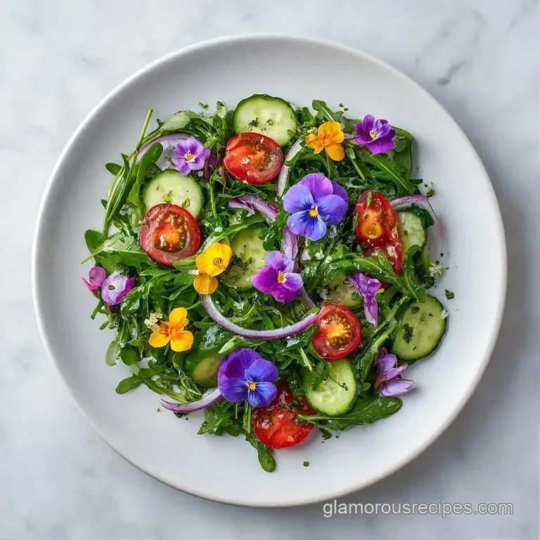 A white porcelain plate featuring a colorful arrangement of delicate blooms and microgreens in a soft light.