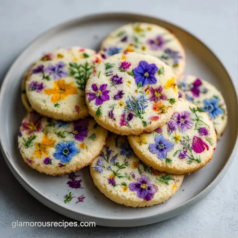 Delicate pale cookies featuring colorful pressed blooms, arranged artistically on a white platter with soft lighting.