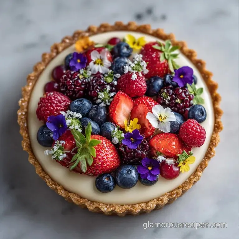 A precise slice of glazed fruit pastry on a white ceramic plate, accented by a fresh mint leaf and powdered sugar.