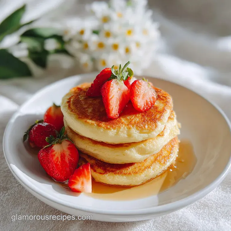 A generous stack of thick, golden pancakes topped with fresh berries and a dusting of powdered sugar.