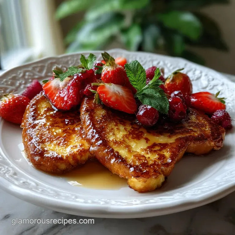 Elegant single serving of French toast, arranged on a pristine white plate, garnished with fresh berries and a dusting of ...