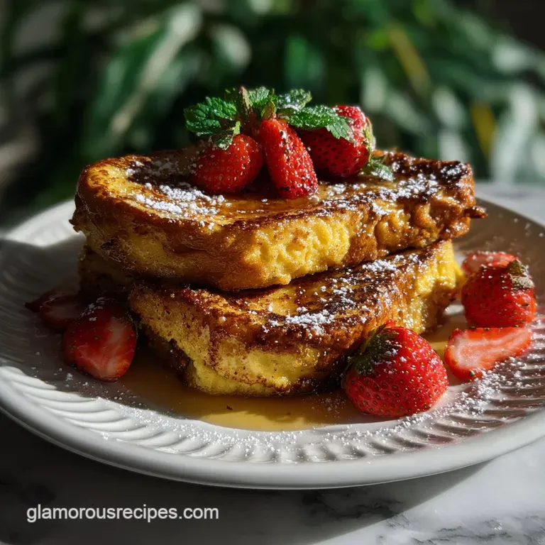 Crisp-edged French toast, dusted with cinnamon, artfully arranged with a drizzle of syrup and a dollop of whipped cream.